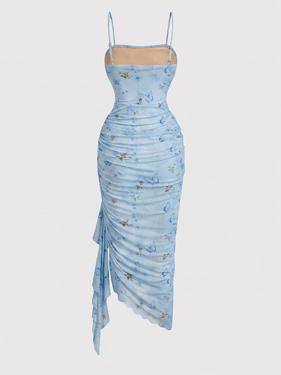 Women'S Bridesmaid Formal Wear Wedding Party Sexy Split Butterfly Printed Spaghetti Strap Ruffled Sleeveless Bodycon Women'S Long Dress Wedding Guest Attire Women'S Clothing - Sky Blue