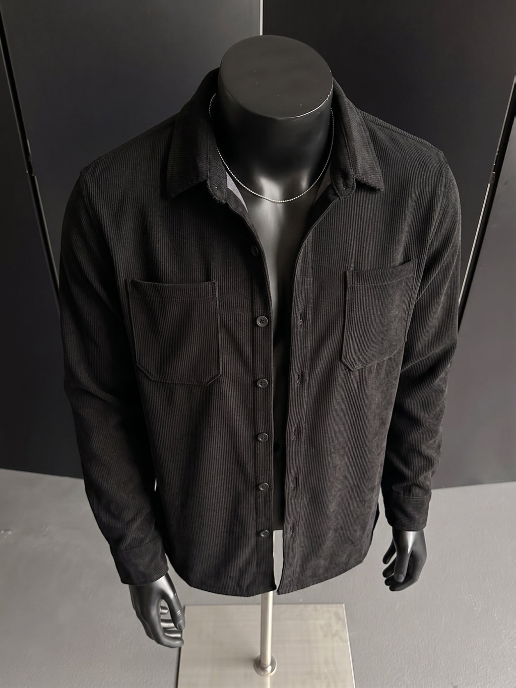 Autumn Winter Men'S Button-Front Double Pocket Retro Shirt Jacket - Black