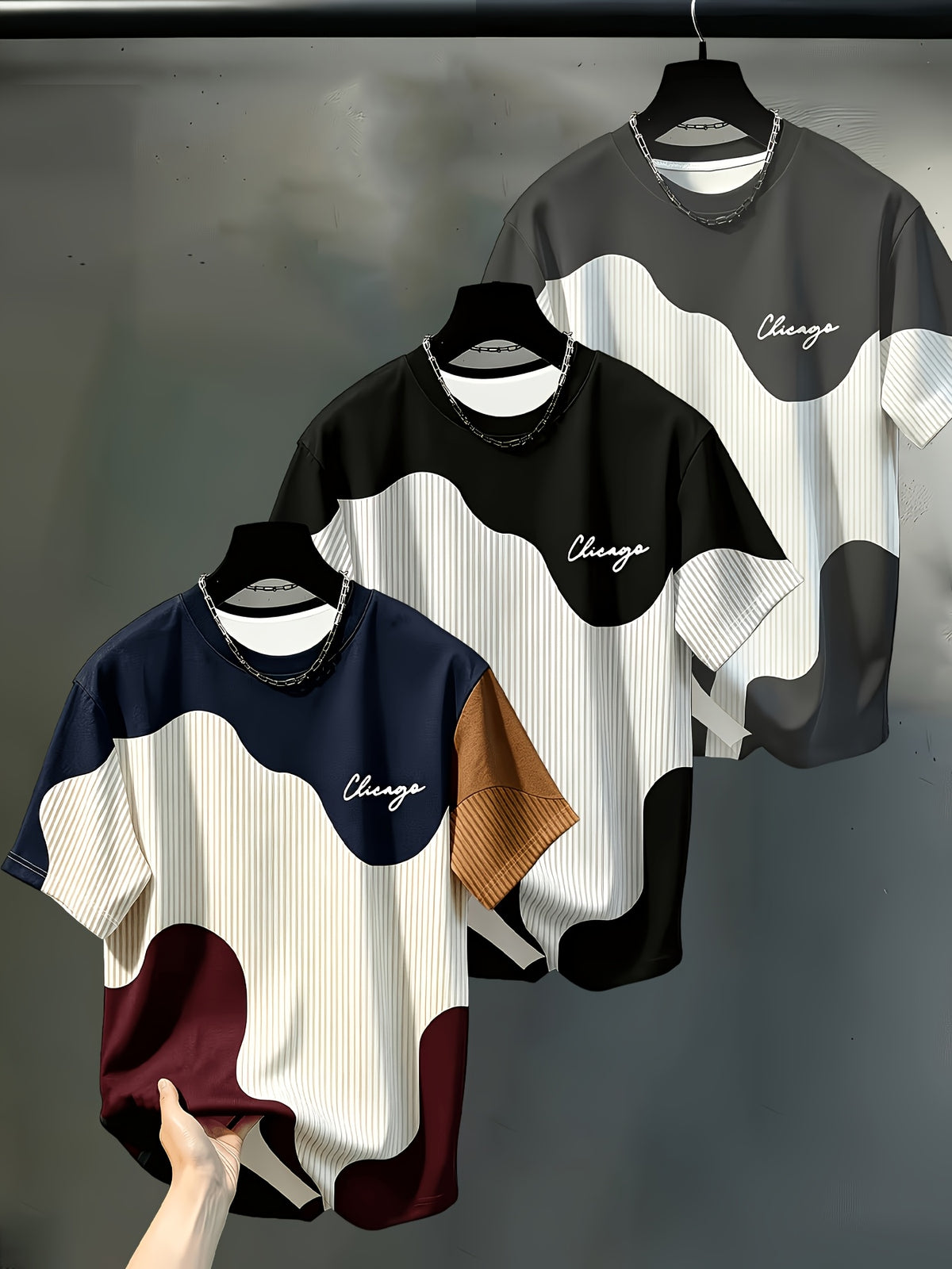 Men'S Round Neck Top, 3pcs Set, Trendy Geometric Striped Patchwork Design with "Chicago" Letter Print, Easy And Elegant Fit. Made from Premium, Drapey, Breathable Fabric, Durable And All-Season Wear. Relaxed Regular Fit - Mixed colors