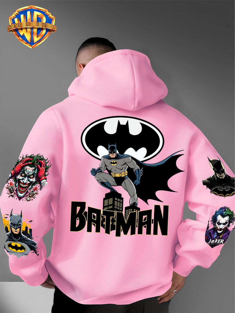 DC Batman Joker IP Official Hooded Sweatshirt with Gotham Crouching Batman on the Back + Bat Logo Themed Print, Drawstring Loose Hoodie, Wear-Resistant and Wash-Resistant Autumn/Winter Trendy Top - pink color