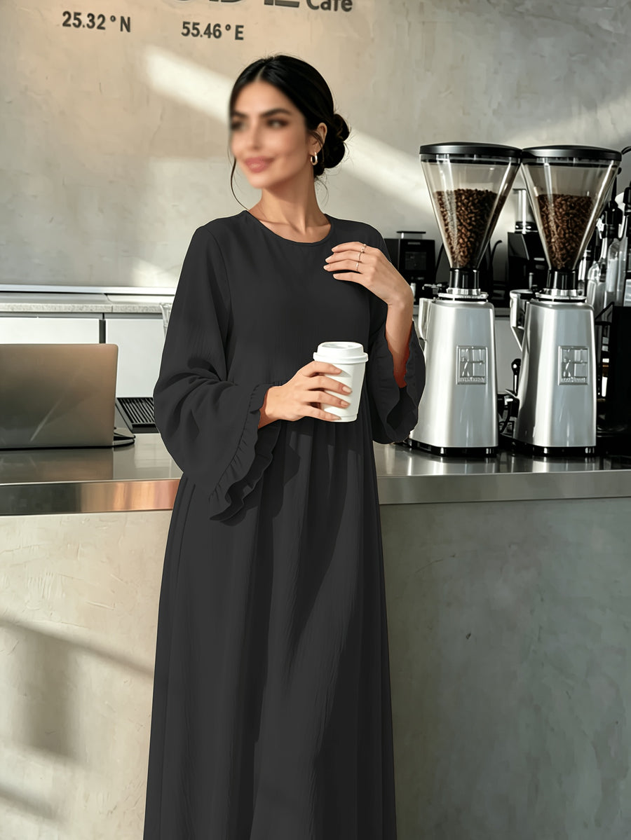 Round Neck Long Dress with Ruffled Flared Wide Sleeves, Soft Lightweight Breathable Fabric Loose Swing Style Dress for Women Daily Home And Outdoor Casual Matching - Black