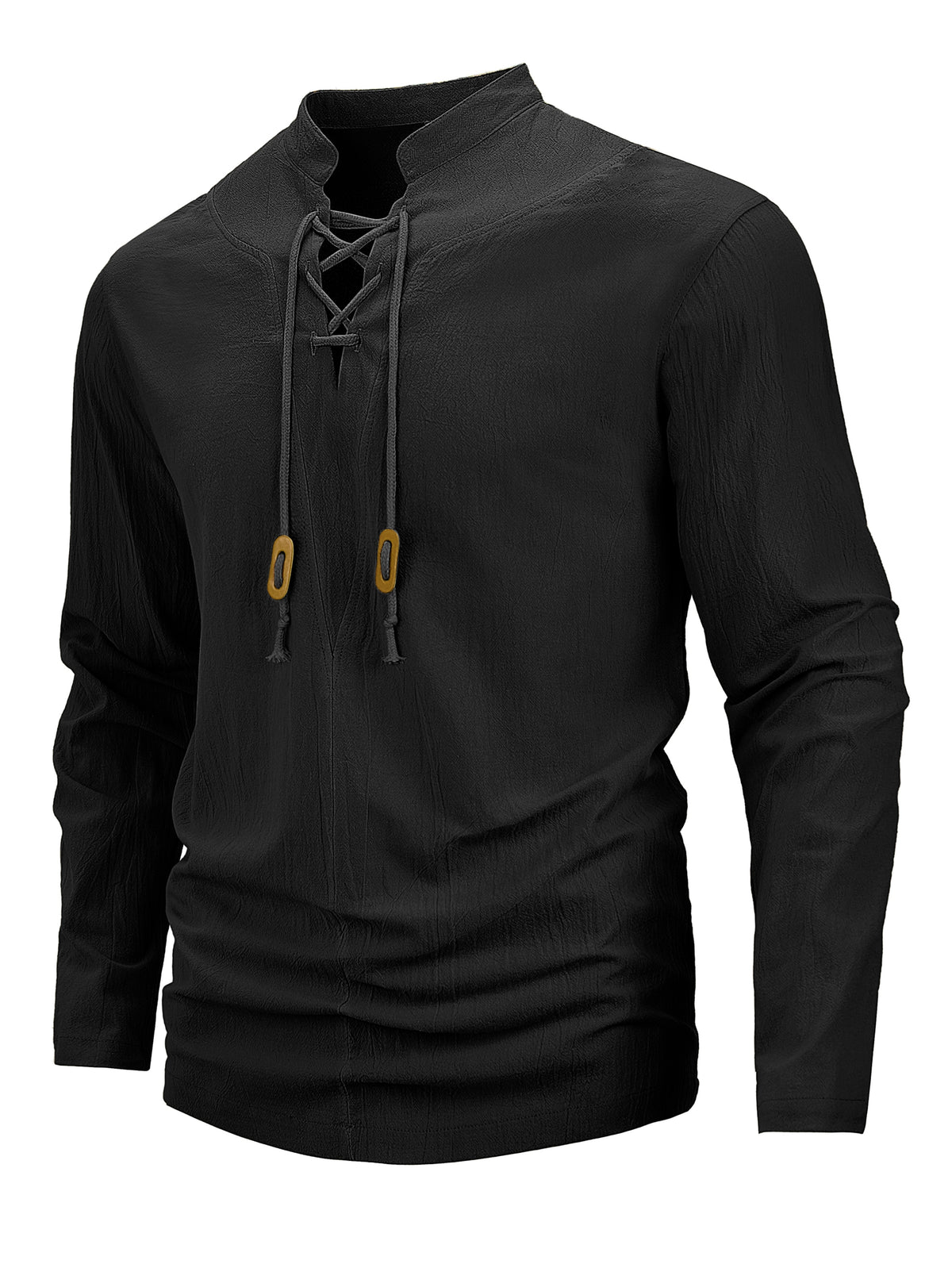 Men's Retro Linen Henley Shirt - Adjustable -Neck Collar & Drawstring Neckline, Lightweight Breathable Suitable for Beach Vacations, Resort Travel, Outdoor Leisure, Casual Pullover Top with Hem, Machine Washable Loose Fit - Black