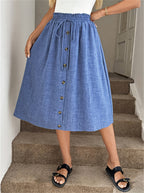 Elegant and Versatile Casual Skirt with Elastic Waist and Button Detail - Blue