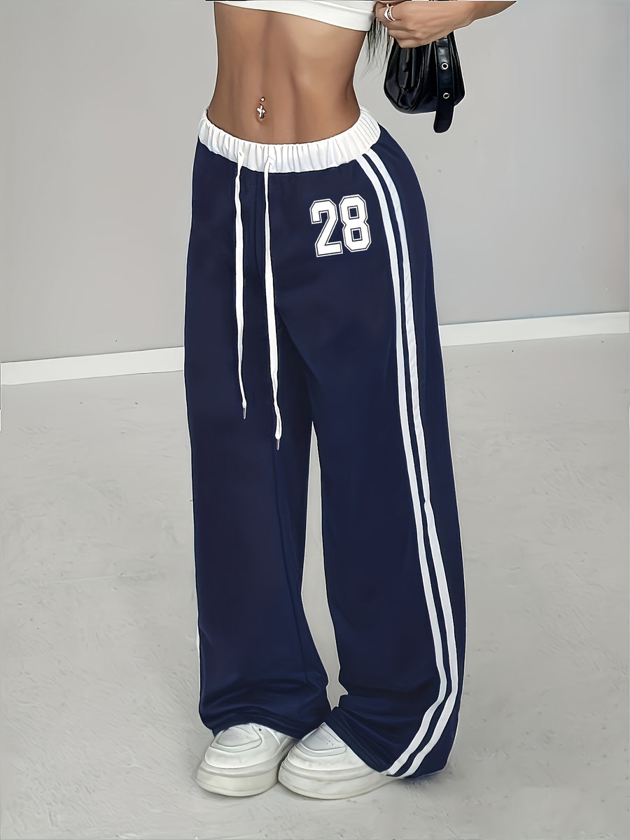 Women'S Athletic Spring/Summer Digital Print Belt Patchwork Casual Athletic Street Retro Style Loose Athletic Pants - Navy Color