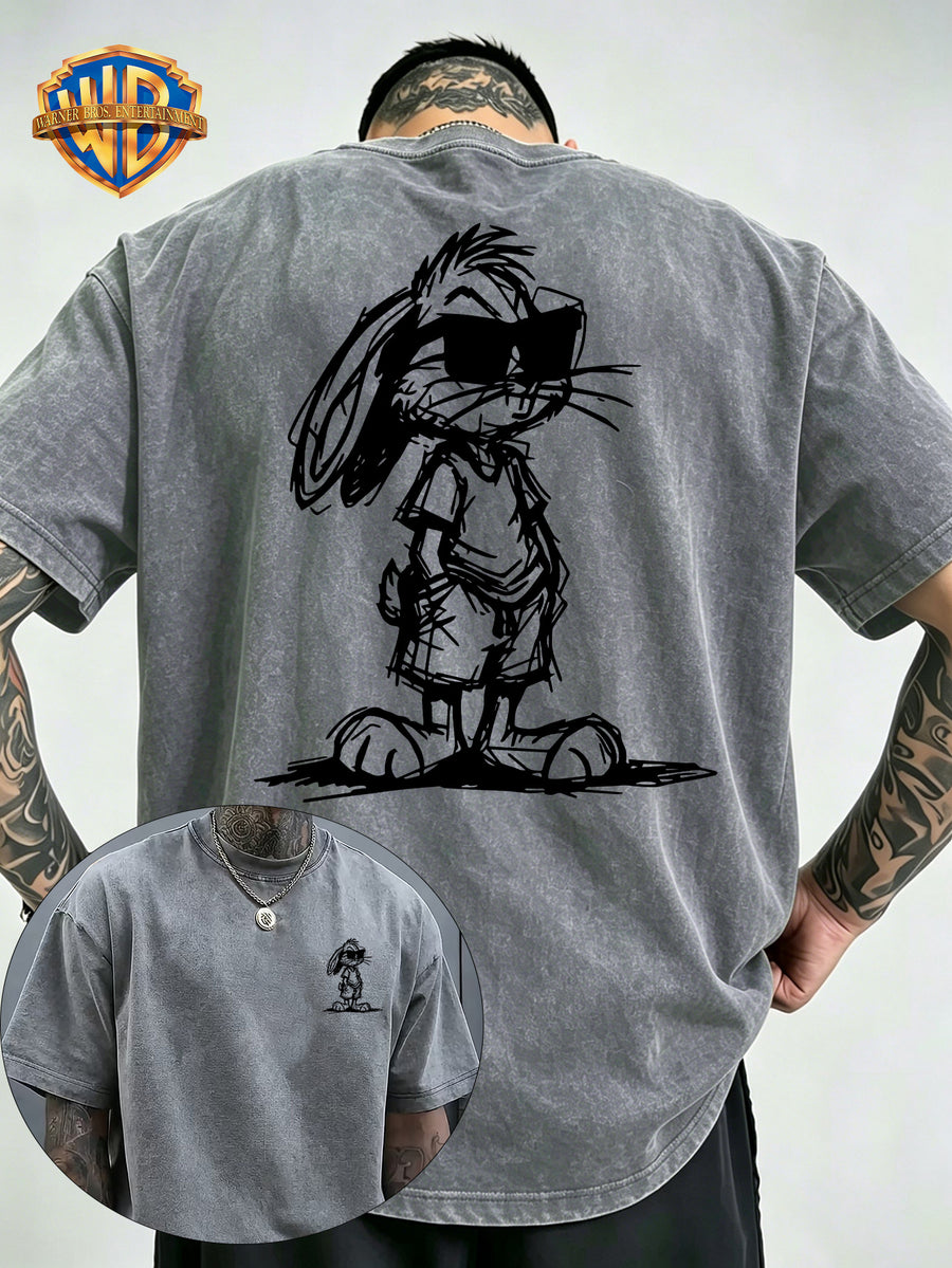Sunglasses Pocket Rabbit Roadrunner Front And Back Print Washable T-Shirt, American Retro Distressed Style Loose Short Sleeve, Unisex Machine Washable T-Shirt, Suitable for Daily Wear, Commuting And Outdoor Outfits - Grey