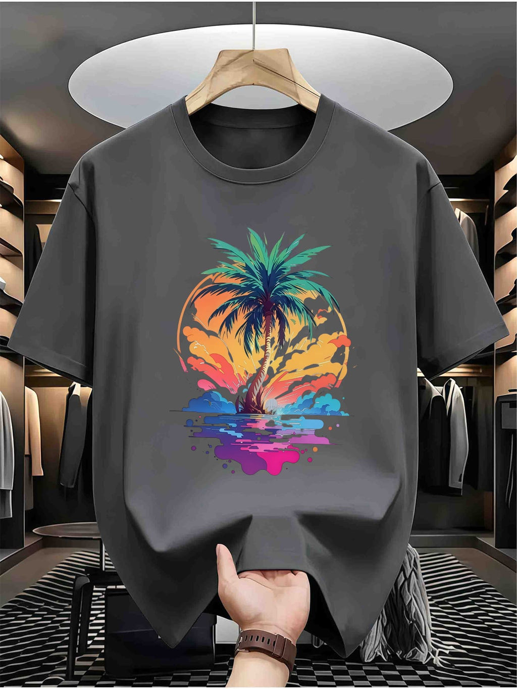 Men'S Vacation Style Palm Tree Print Short Sleeve T-Shirt New Summer Casual Breathable Crew Neck Top Suitable for Daily Outings Beach Wear Plus Size Comfortable Half Sleeve Male Tee - Graphite Color