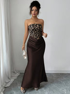 Leopard Print Sleeveless Fitted Evening Gown, Elegant and Charming Women's Bridesmaid Dress - Coffee Brown