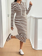 Elegant Classic Striped Spring Autumn Commute Long Sleeve Drawstring Hooded Long Dress - Brown And White
