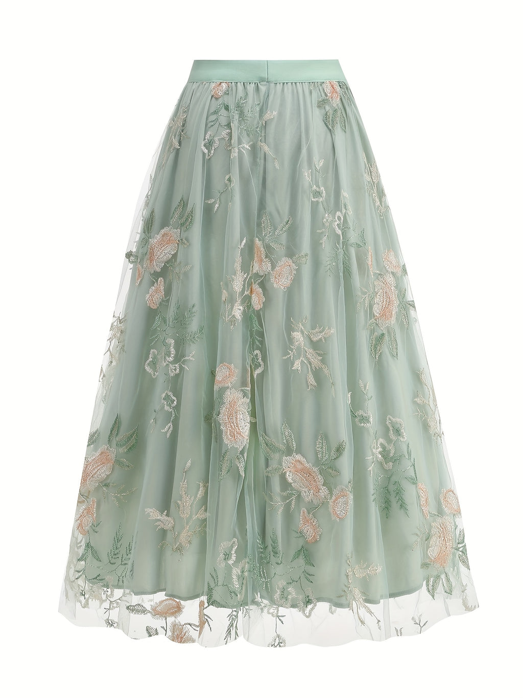 Women'S Elegant Mesh Embroidery Retro Versatile Party Midi Skirt - Light Green