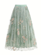 Women'S Elegant Mesh Embroidery Retro Versatile Party Midi Skirt - Light Green