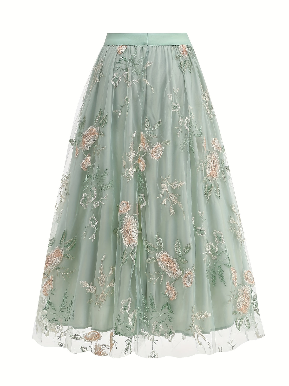Women'S Elegant Mesh Embroidery Retro Versatile Party Midi Skirt - Light Green