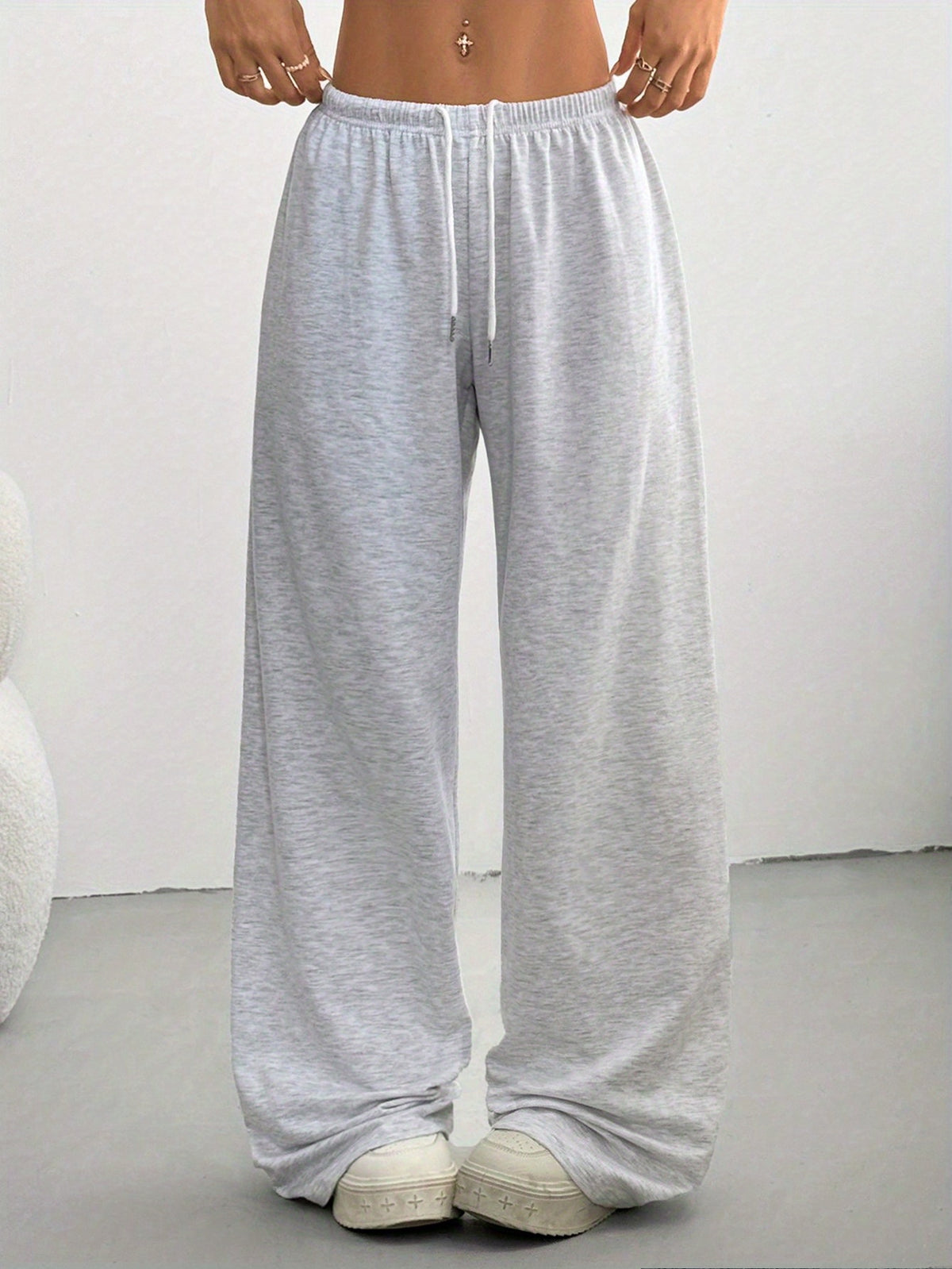 Women'S Summer Easy Front-Tie Loose Pants, Casual Daily Wear - Light Grey
