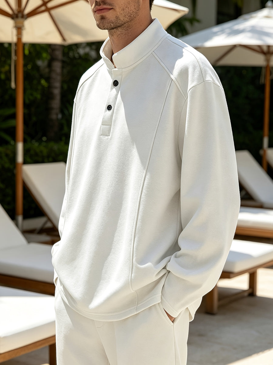 Spring/Autumn Henry Neck Long Sleeve T-Shirt, Loose Fit with Half-Open Placket Design, Versatile Commuter Base Layer, an Excellent Choice for Daily Work and Casual Vacations - White