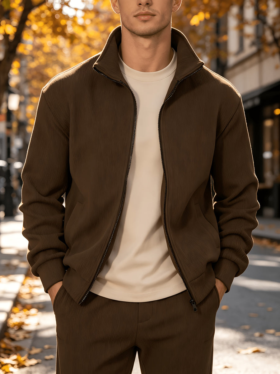 Men's Corduroy Full-Zip Stand Collar Jacket, Soft Vertical Rib Texture Corduroy Casual Full-Zip Outerwear, Ribbed Cuffs and Hem, Side Insert Pockets, Loose Fit Cut, Lightweight and Warm Jacket, Suitable for Autumn/Winter Daily Wear, Street Outings - Coffee Color