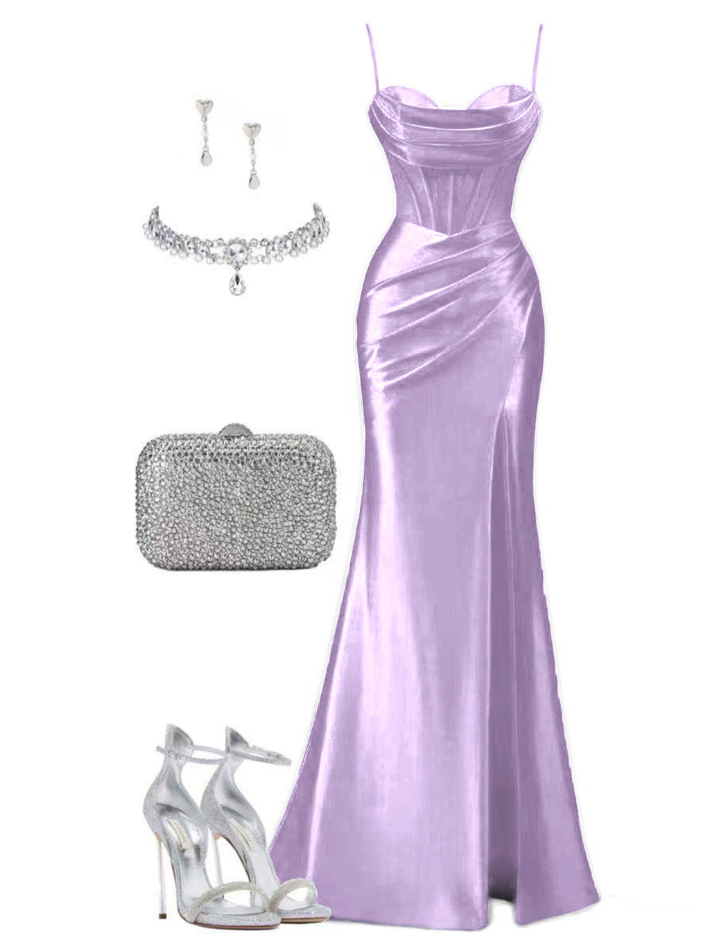 Women's Solid Color Satin Slip Dress with High Slit, Back Tie Waist, Cinched Fit, Pleated Details, and Hip-Hugging Design, Elegant for New Year's, Valentine's Day, Parties, Graduations, Weddings, and Bridesmaid Attire - Light Purple