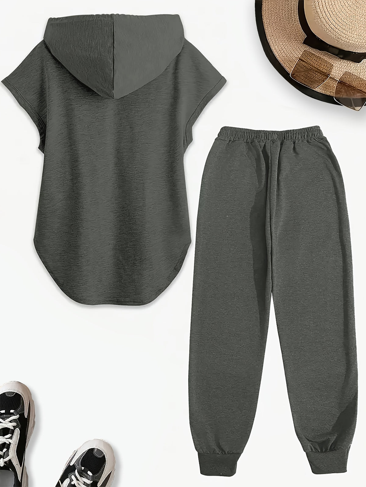 A Must-have New Product! Solid Color Sleeveless Hooded S Set! Jogger Pants with a Cinched Waist Highlight the Waistline, Paired with Sneakers for a Casual and Energetic Look, Women's Spring and Summer Fashion Casual Hooded Short-sleeve Set. - Dark Gray