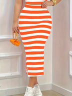 Women'S Fashion Elegant Striped Print Skirt Set - Orange Red