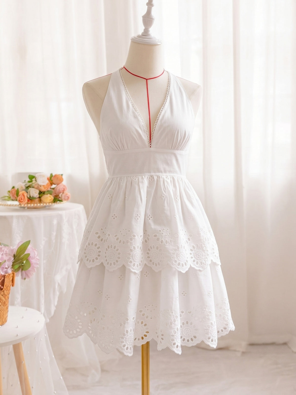 Elegant V-Neck Smocked Waist Adjustable Cross Shoulder Straps Hollow Embroidery Double Layer Cake Dress, Niannian Women'S Wear - Milky