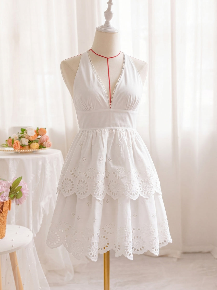 Elegant V-Neck Smocked Waist Adjustable Cross Shoulder Straps Hollow Embroidery Double Layer Cake Dress, Niannian Women'S Wear - Milky