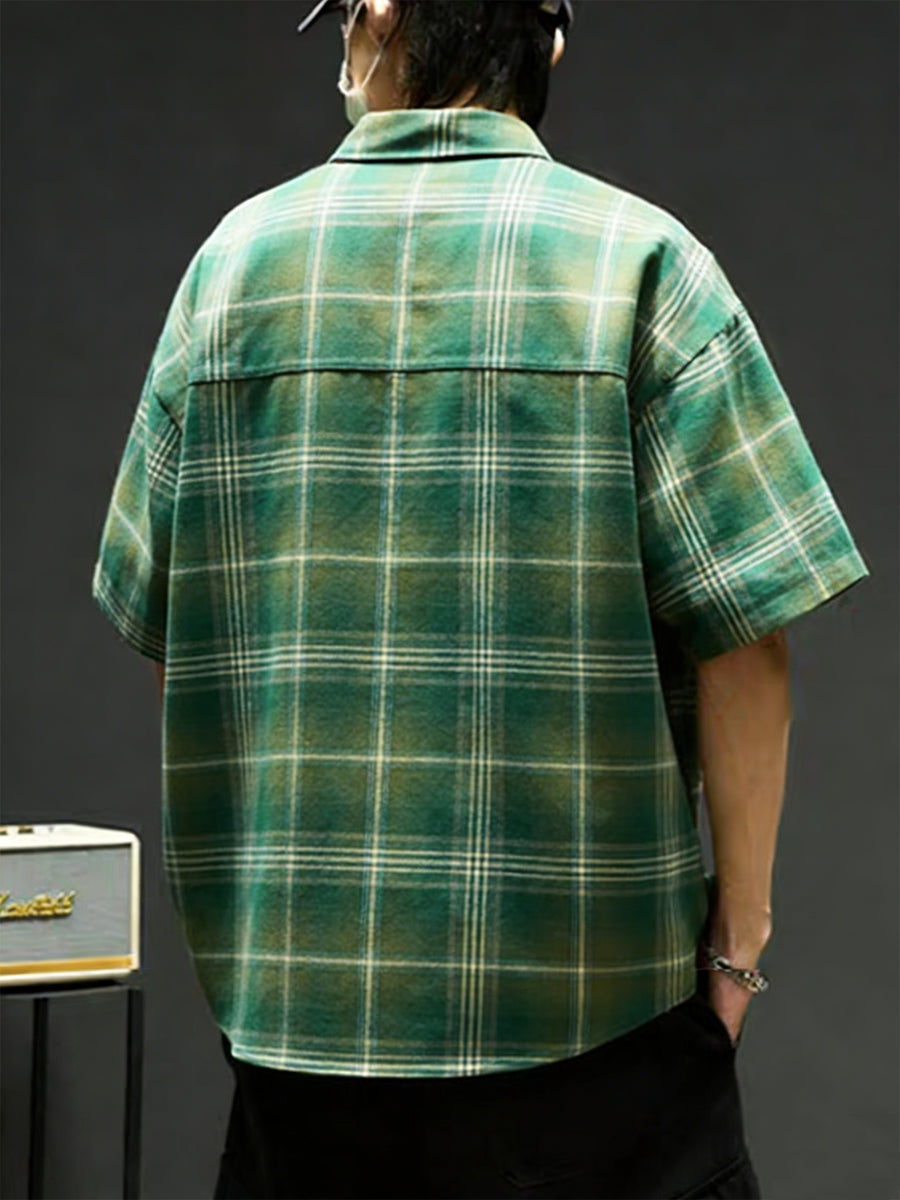 Men's American Vintage Style Green Plaid Short-Sleeve Shirt, Casual Lapel Collar, Trendy Outerwear Plaid Shirt - Green