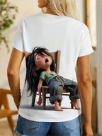 Standard Size Women's T-Shirt, Featuring a "Sleeping " Print in a Laid-back Style That Exudes a Relaxed and Vibe. Suitable for Daily Outings and Casual Wear, This Loose-fit Design Flatters Various Body Types, with Comfortable - White