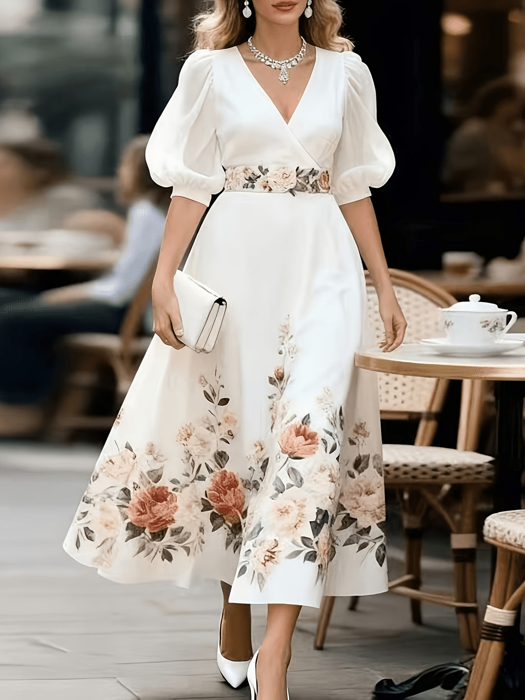 French Retro V-Neck Floral Dress, Puff Sleeve Waist-Cinching Tie-Belt Long Dress for Dates, Afternoon Tea, And Commuting - Multicolor