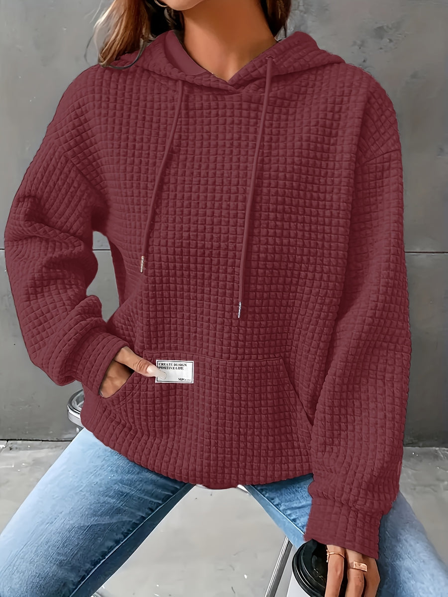 Women's Autumn/Winter Waffle Hooded Long-Sleeve Solid Color Sweatshirt - Burgundy