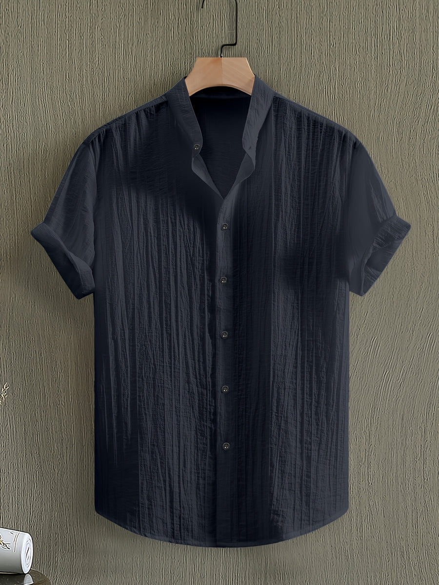 Pearson OBM Men's Summer Solid Color Semi-Transparent Short Sleeve Casual Stand Collar Shirt, Button-Up Fashion Versatile Shirt for Beach Vacation Pool Party - Grey