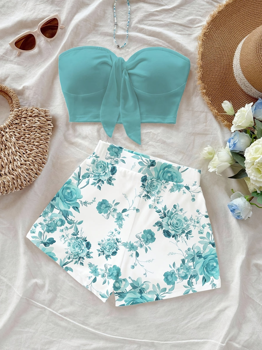 Turquoise Vintage Floral Pattern Vintage Style Casual Vacation Sexy Cute Y2K Bohemian Music Festival Summer Women's 2pcs Set Vacation Outfit Women's 2pcs Floral Set - Mixed colors