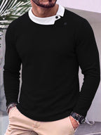 Men's Color-Block Diagonal Button Lapel Waffle Knit Long-Sleeve Polo Shirt, Spring/Autumn Waffle Knit Breathable Lightweight Business Casual Versatile Base Layer Top - Black