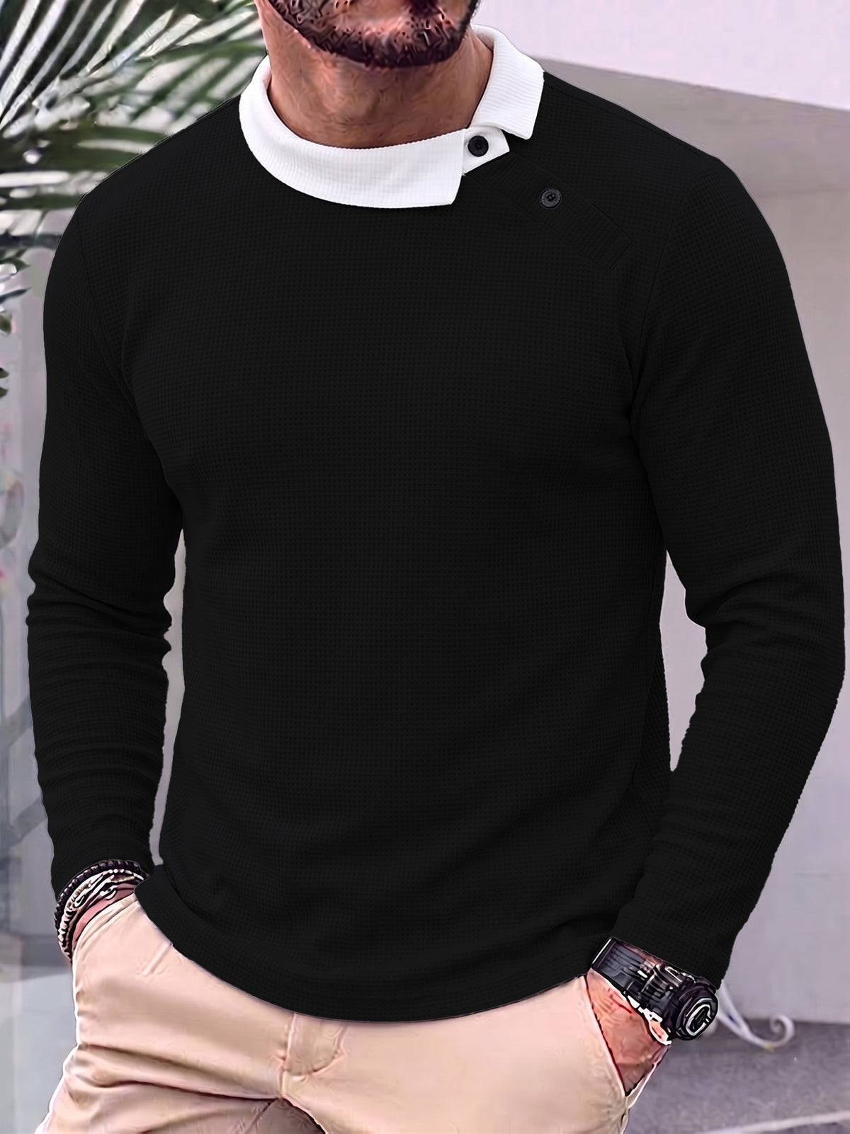 Men's Color-Block Diagonal Button Lapel Waffle Knit Long-Sleeve Polo Shirt, Spring/Autumn Waffle Knit Breathable Lightweight Business Casual Versatile Base Layer Top - Black