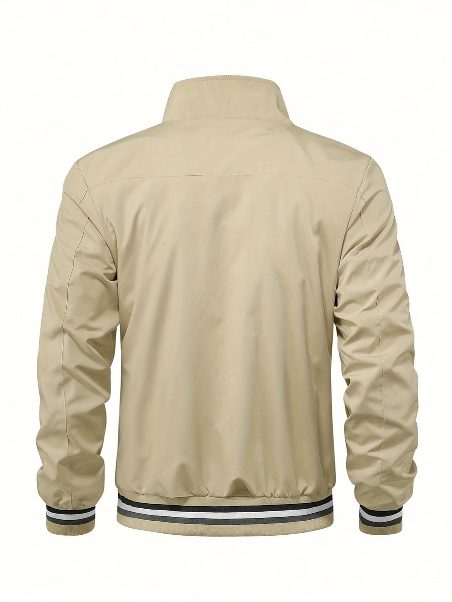 Men'S Versatile Casual Milan Element Stand-Up Collar Baseball Jacket, Contrast Ribbed Design, Windproof And Stiff, Spring Autumn Daily Commute Casual Versatile Top - Khaki
