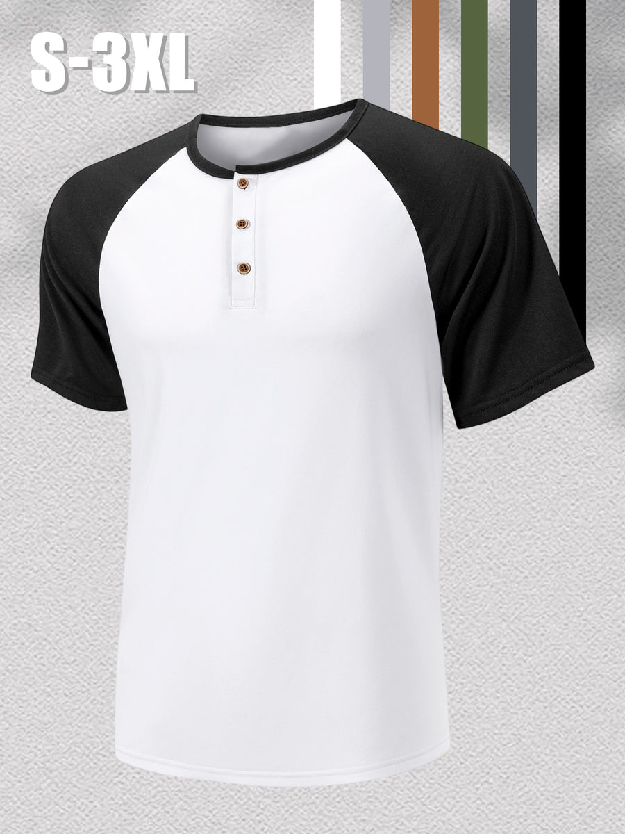 1 Men's Summer V-Neck Casual T-Shirt, Breathable and Lightweight Street Fashion Short-Sleeve Top, Daily Office Business Contrast Color Design Henley Shirt with Button- Collar, Suitable for Outings, Home, Work, Travel, Cycling, and Streetwear - Big White