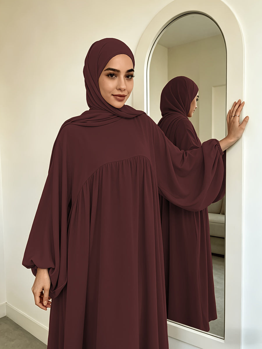 Modest Gathered Waist Maxi Dress, Loose Fit Balloon Long Sleeve Dress with Elastic Cuffs for Daily Wear - Red