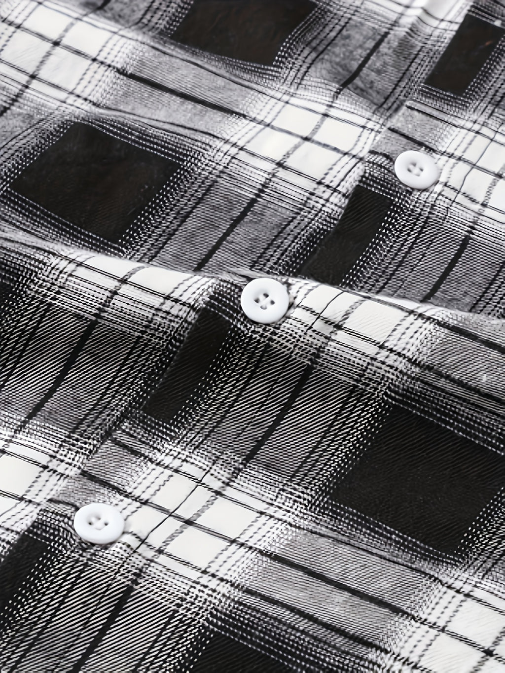 Men's Casual Plaid Button-Up Shirt - Short Sleeve, Black & White Polyester Fabric, Classic Collar, Machine Washable, Perfect for Casual Attire, Versatile Layering Piece | Classic Plaid Shirt | Mandarin Collar Shirt - Black