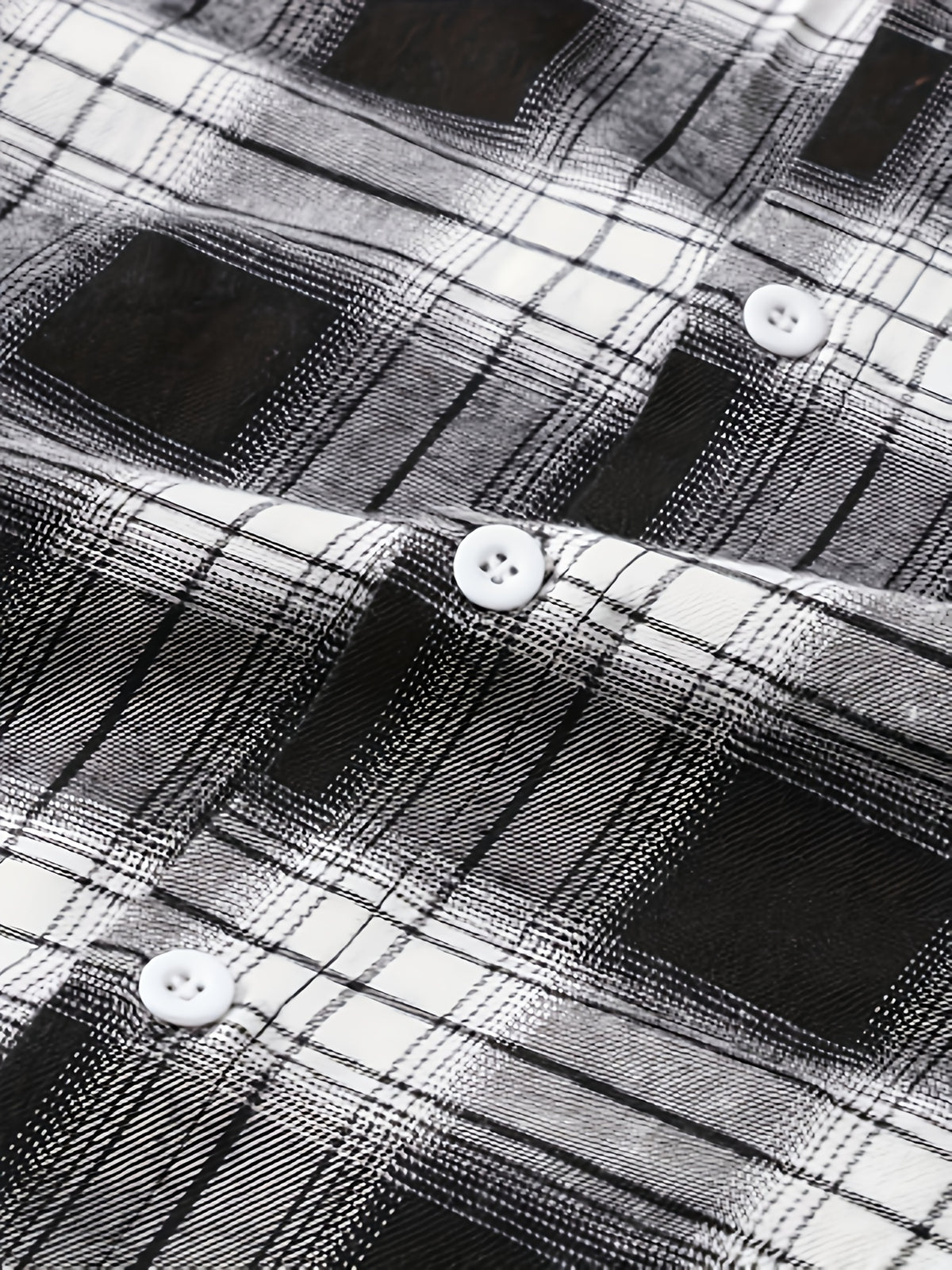 Men's Casual Plaid Button-Up Shirt - Short Sleeve, Black & White Polyester Fabric, Classic Collar, Machine Washable, Perfect for Casual Attire, Versatile Layering Piece | Classic Plaid Shirt | Mandarin Collar Shirt - Black