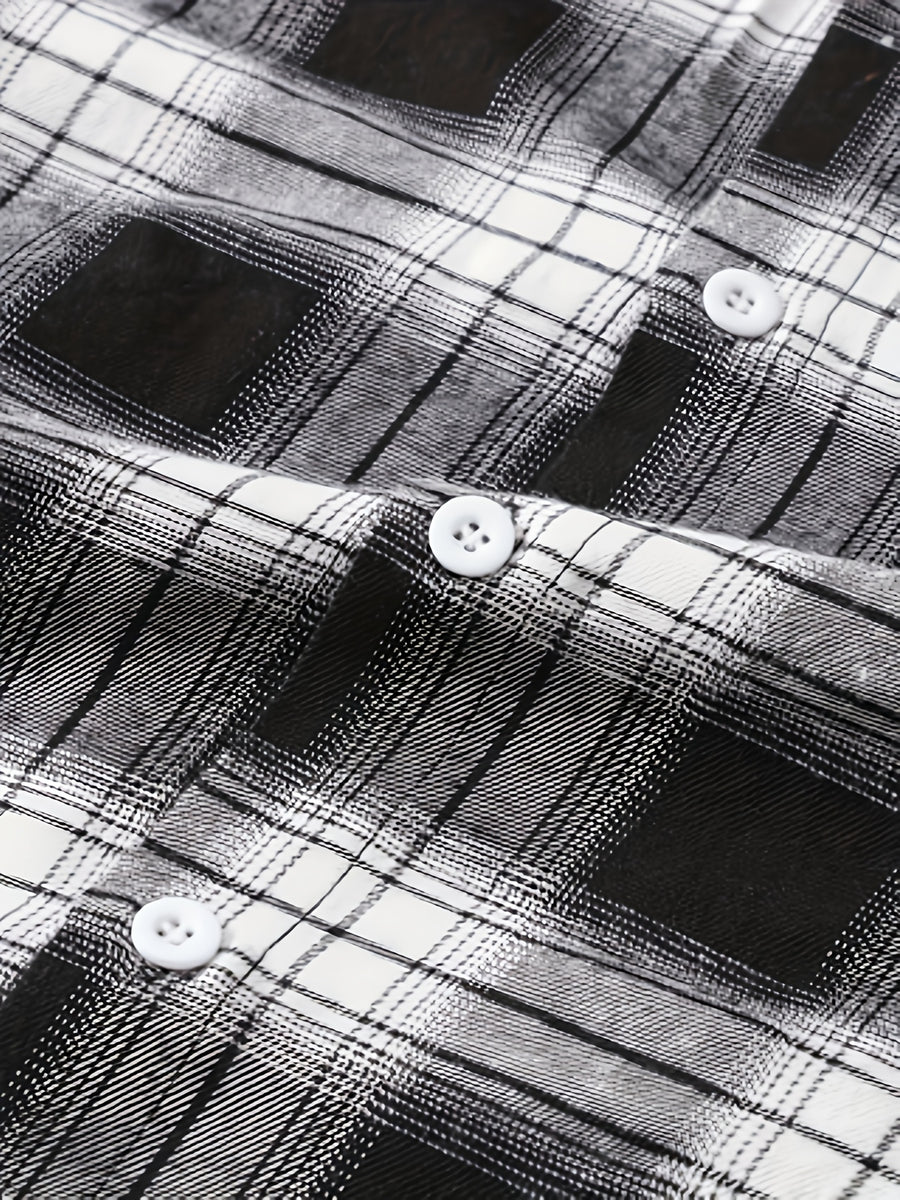 Men's Casual Plaid Button-Up Shirt - Short Sleeve, Black & White Polyester Fabric, Classic Collar, Machine Washable, Perfect for Casual Attire, Versatile Layering Piece | Classic Plaid Shirt | Mandarin Collar Shirt - Black