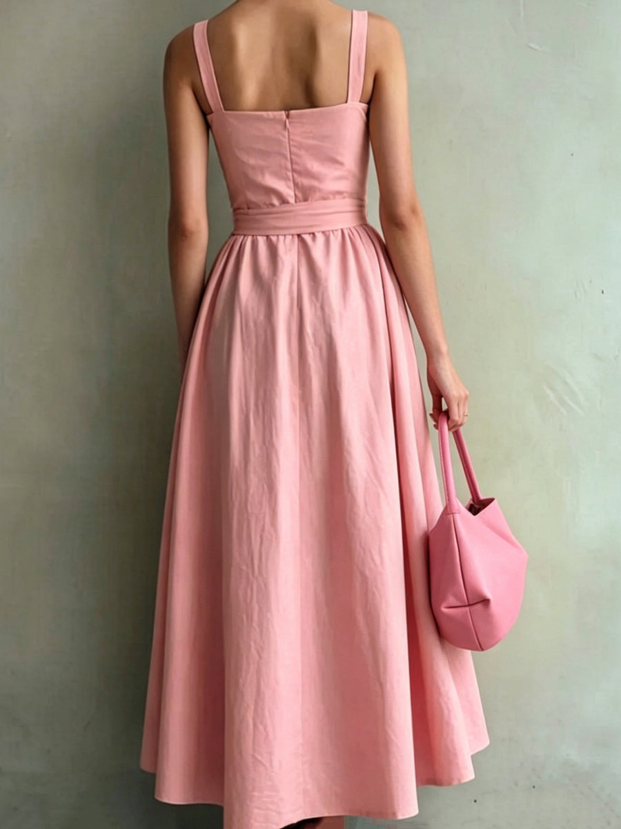 Simple Style Sleeveless Waist-Cinching Dress for Women, Summer Maxi Flared Bridesmaid Dress Gown - Pink