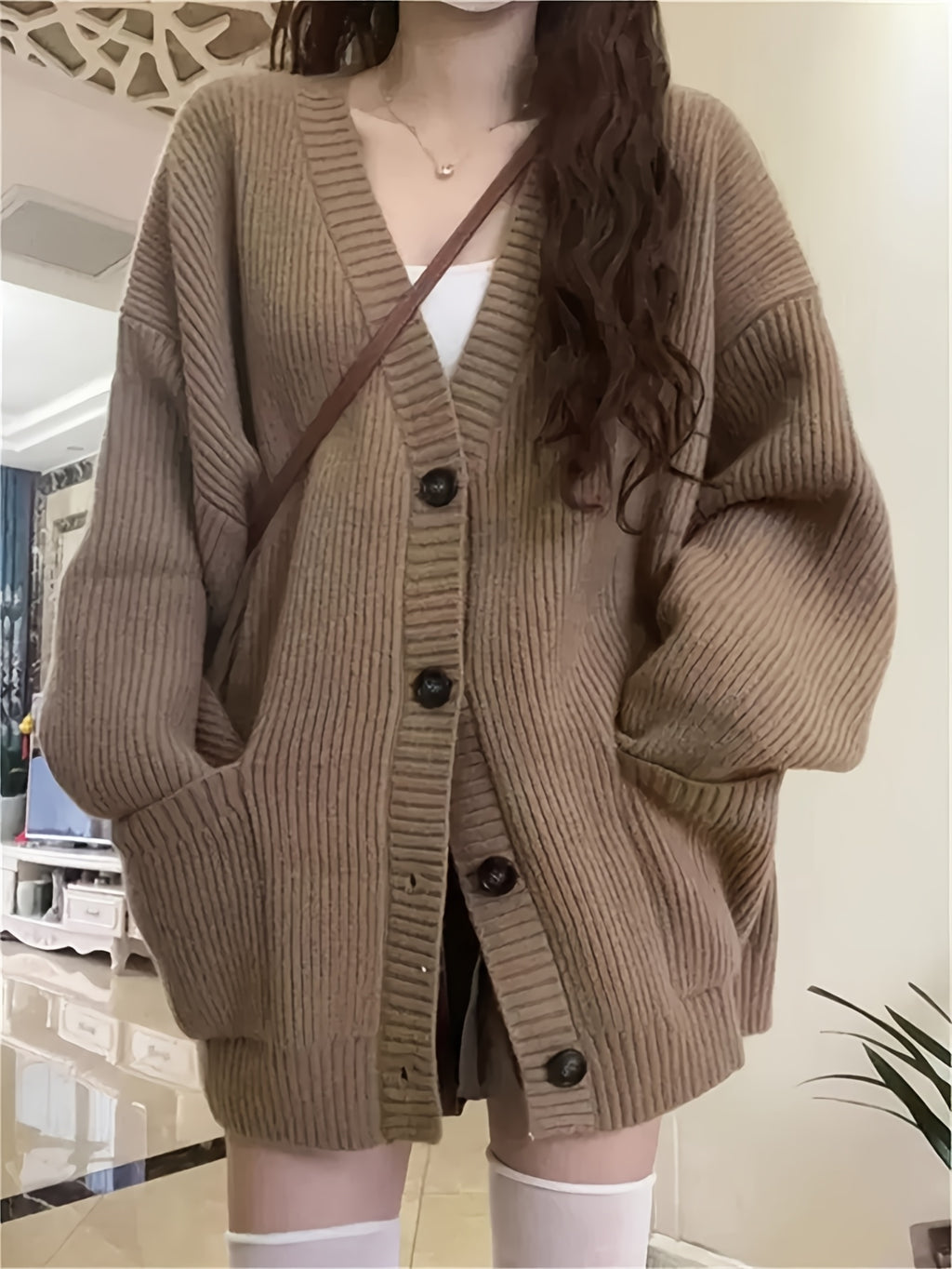 Casual V-Neck Single-Breasted Sweater Women's Autumn/Winter Coat with Double Pockets Cardigan - Khaki