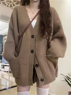 Casual V-Neck Single-Breasted Sweater Women's Autumn/Winter Coat with Double Pockets Cardigan - Khaki