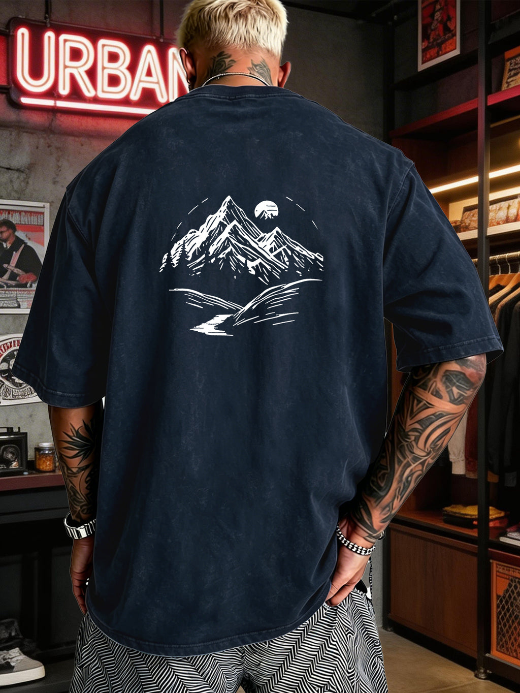 Men's Heavyweight T-Shirt Washed Distressed Fashion Print 2026 Summer New Urban High Street Hiphop Style Vintage Acid Wash Casual Gym Workout Top Pure Cotton Breathable Base Shirt - Navy Color
