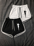 2pcs Set Summer Breathable Printed Shorts Beach Pants Retro Color-Block Lightweight Drawstring Individual Shorts - Black+White