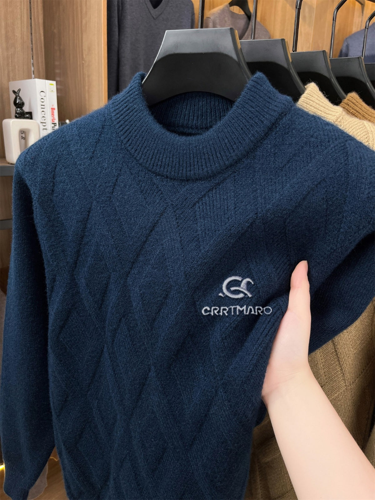 ZBZP Autumn Winter Knit 3D Solid Mid-High Neck Sweater, Basic Knit Pullover Top for Men, Fashion Long Sleeve Sweater SYD - Blue