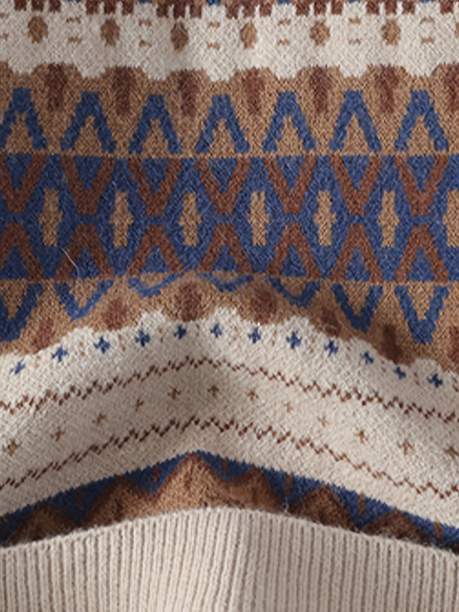 Men'S Round Neck Sweater, Autumn And Winter New Style, Personalized Ethnic Style, Fashionable Contrasting Color Knit Sweater, Warm Pullover, Base Top - Coffee Color