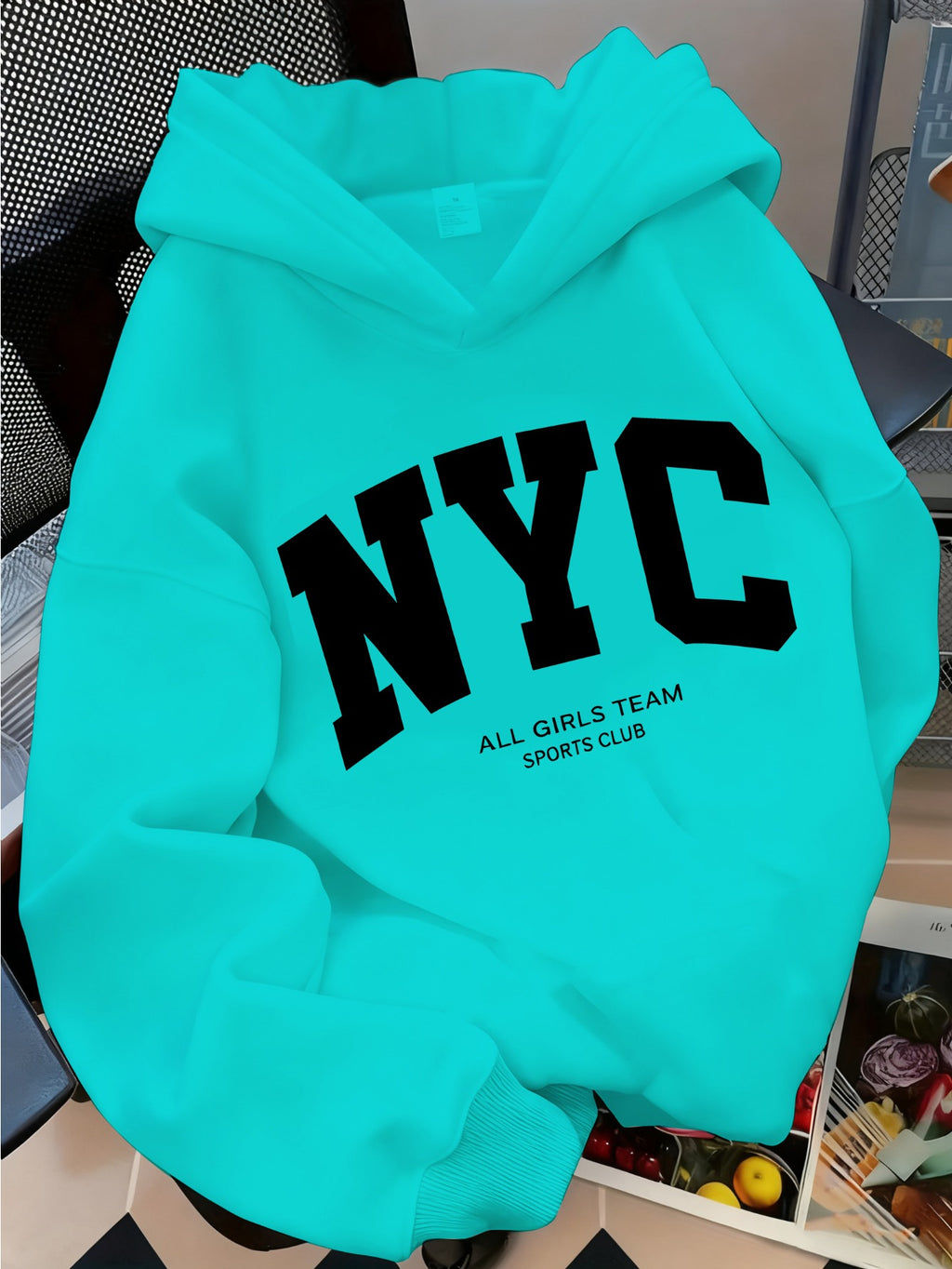 Trendy Letter Women'S Casual Hooded Sweatshirt with Front Print - Machine Washable, All-Season Versatile Pullover, Fashionable And Trendy, Durable Material, Comfortable Fabric, Printed Sweatshirt, Casual Wear, Urban Style, Fashion Enthusiast - Cyan