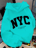 Trendy Letter Women'S Casual Hooded Sweatshirt with Front Print - Machine Washable, All-Season Versatile Pullover, Fashionable And Trendy, Durable Material, Comfortable Fabric, Printed Sweatshirt, Casual Wear, Urban Style, Fashion Enthusiast - Cyan