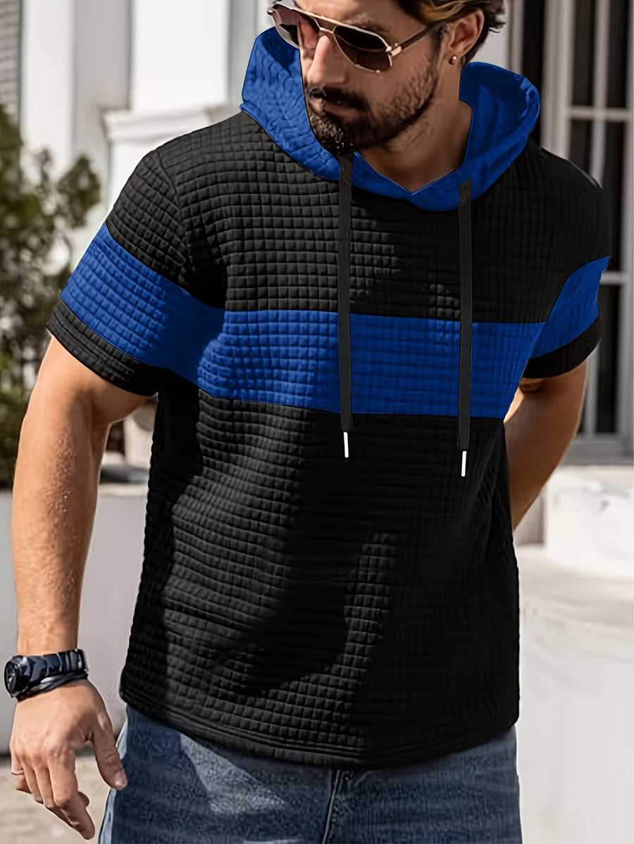 Men'S Summer Essential Hooded Short Sleeve T-Shirt, Casual Loose Fit, Breathable And Wrinkle-Resistant Fabric, Durable And Non-Deformable, Drawstring Hood Design, Arched Hem for Body Shaping, Statement Color Block for Trendy Appeal - Bright Blue