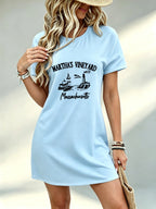 [Printed Design - Not Textured] Casual Women Dress Martha S Vineyard Massachusetts Graphic Print Beach Vacation Gift for Her 100% Polyester - Sky Blue