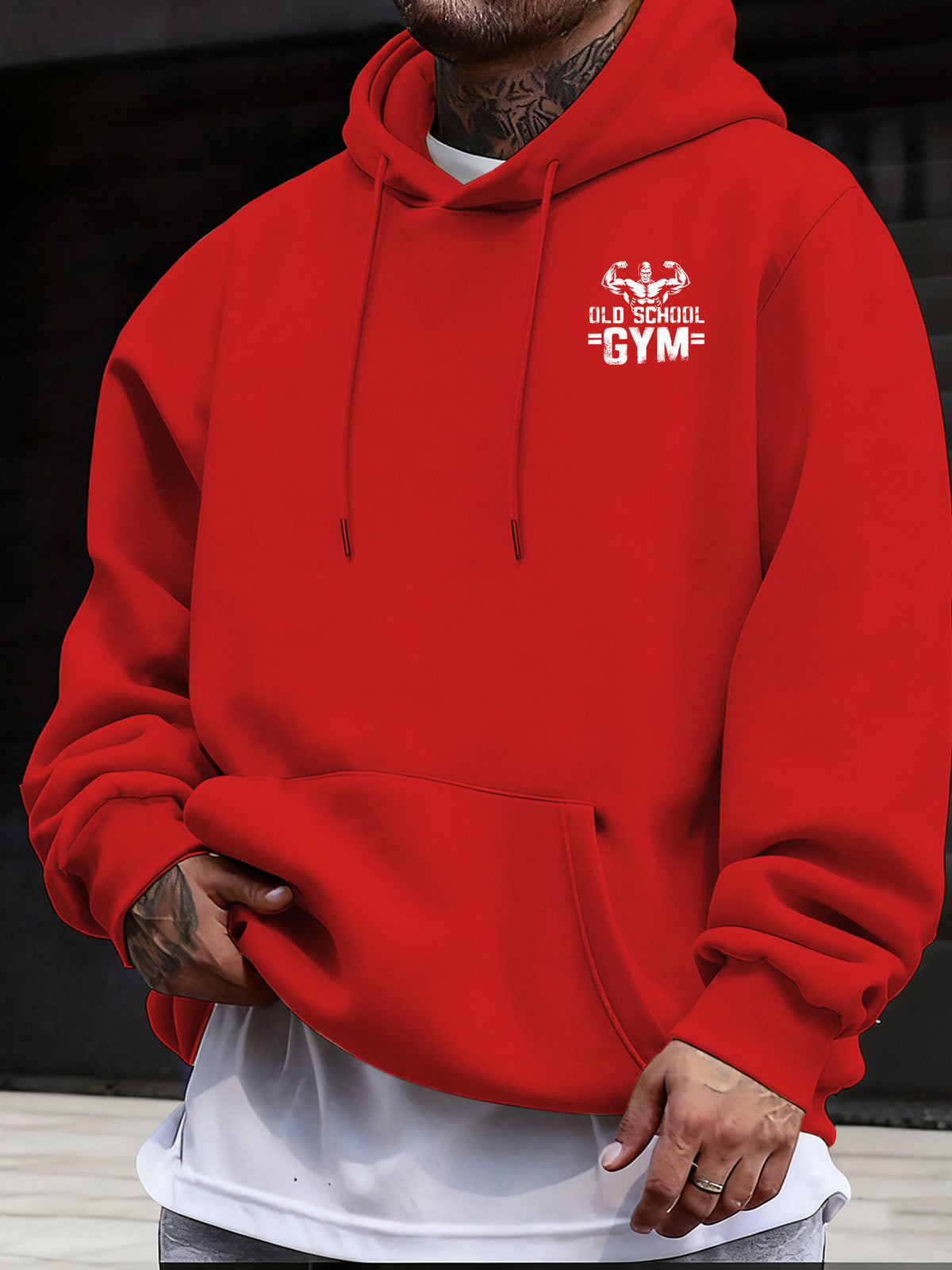 Men's Casual Sweatshirt with Letter Print, Drawstring Hood, Long Sleeve Pullover with Pocket - Red