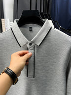 Autumn Multi-Color Selectable Men'S Contrast Edge Long Sleeve Polo Shirt, Comfortable Fabric, Easy Lapel, Delicate And Smooth, Loose Fit, Business Commute, Visiting Friends, Business Travel, Home Casual Top - Grey